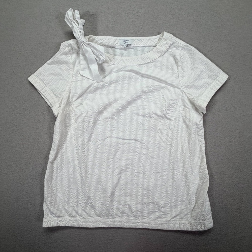 Crown & Ivy Womens Top Regular White Seersucker Bow Shoulder Large